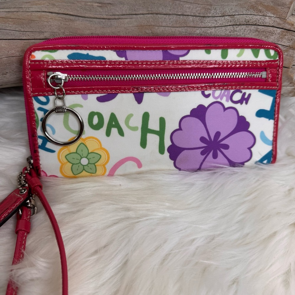 Coach Floral Print Wristlet with Pink Accents